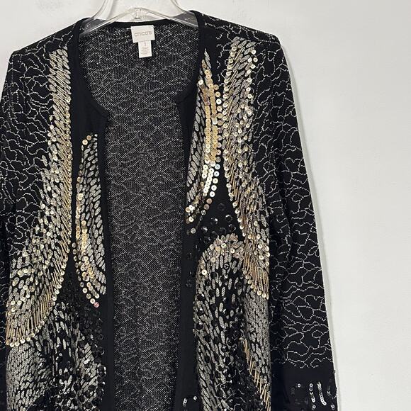 Chicos Sequin Open Front Jacket M Cardigan Black Gold Party Cocktail Knit Bling - Picture 4 of 10